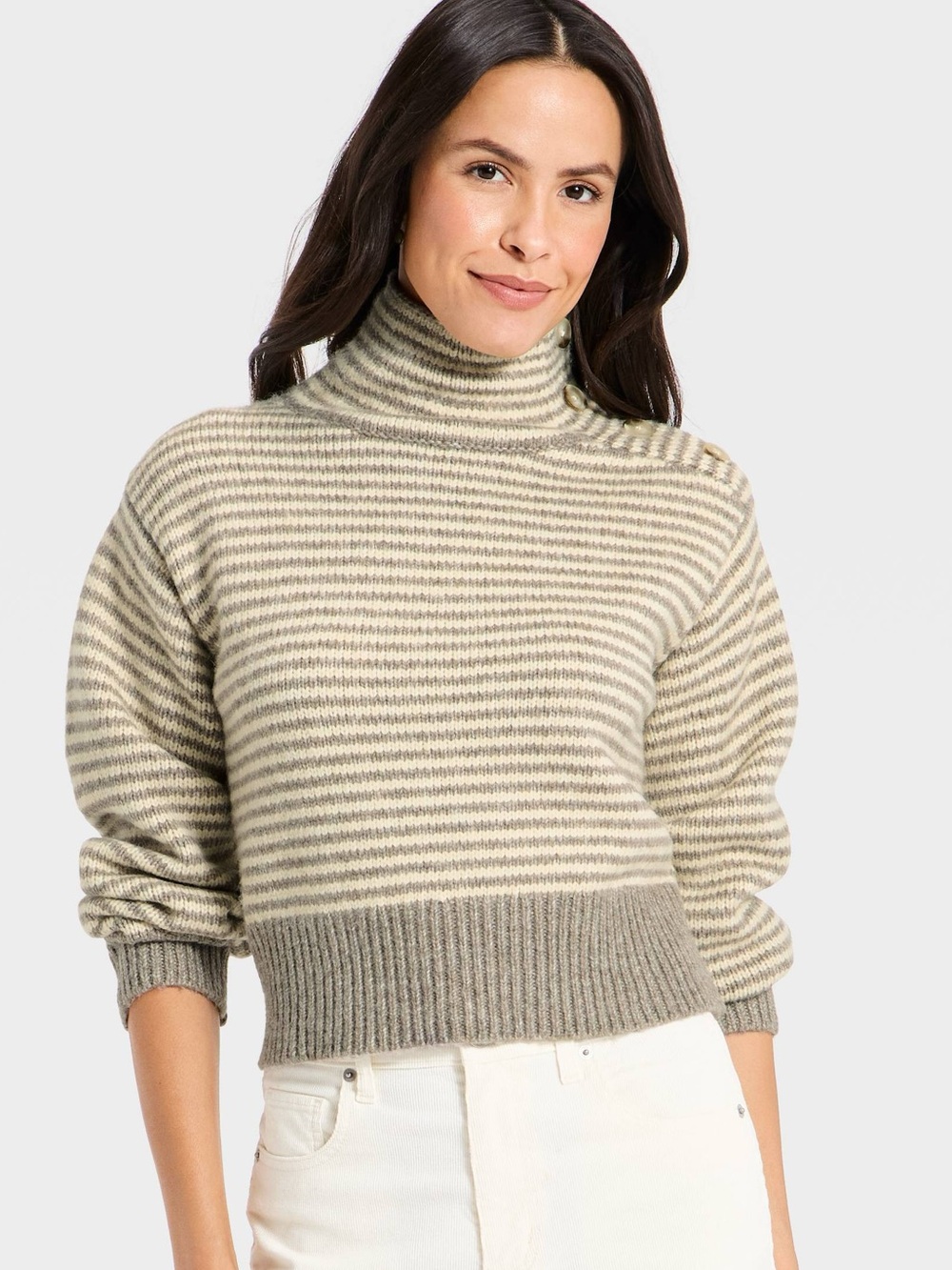 Women's Mock Turtleneck Button Pullover Sweater Universal Thread S Taupe Stripe